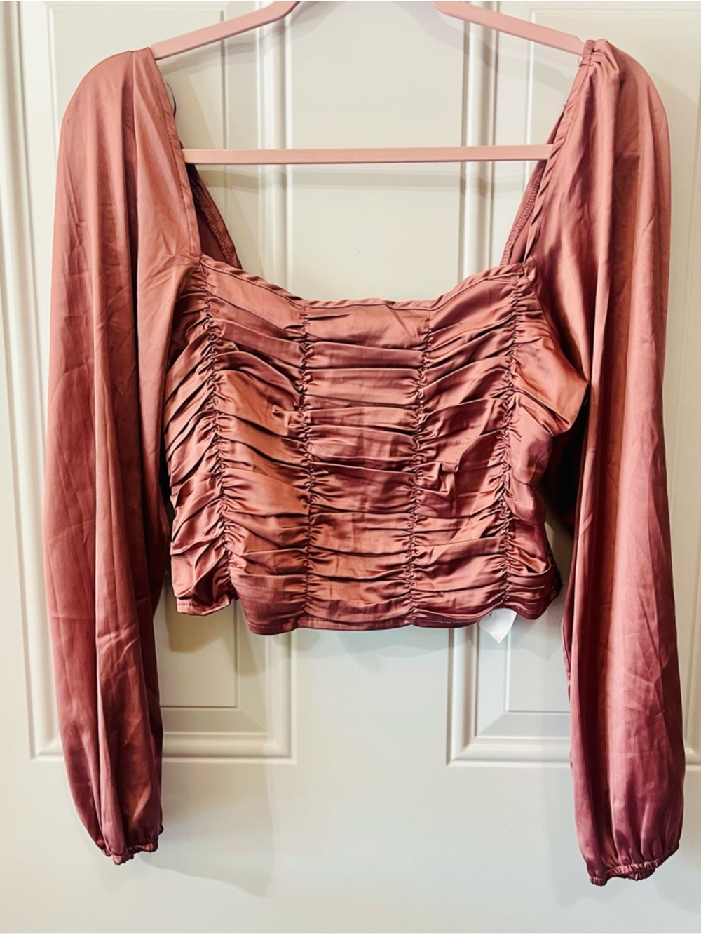 Ruched Satin Square-Neck Crop Top in‎ Dusty Rose